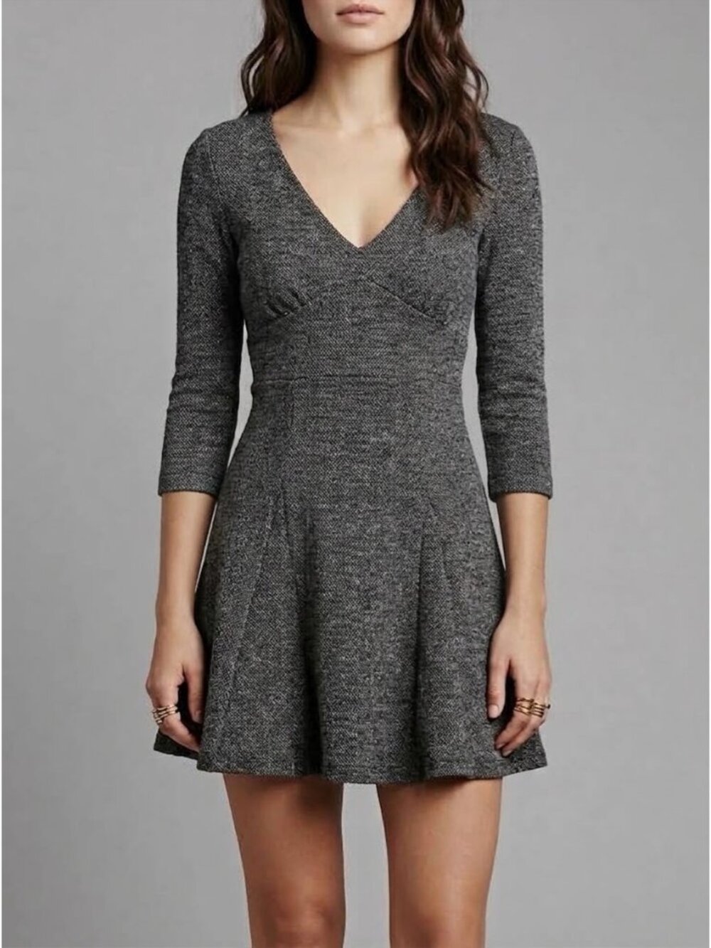 Free People Gray Tweed V-Neck Keyhole Back A-Line Mini Dress L Boho Whimsigoth